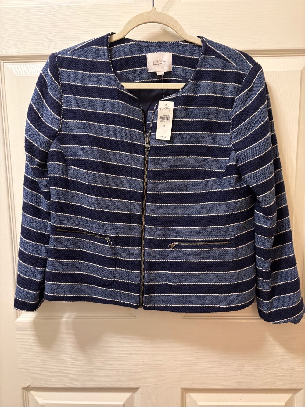 LOFT Womens Size 8 NWT Blue Striped Textured Boucle Zip Front Jacket Blazer - Picture 2 of 10